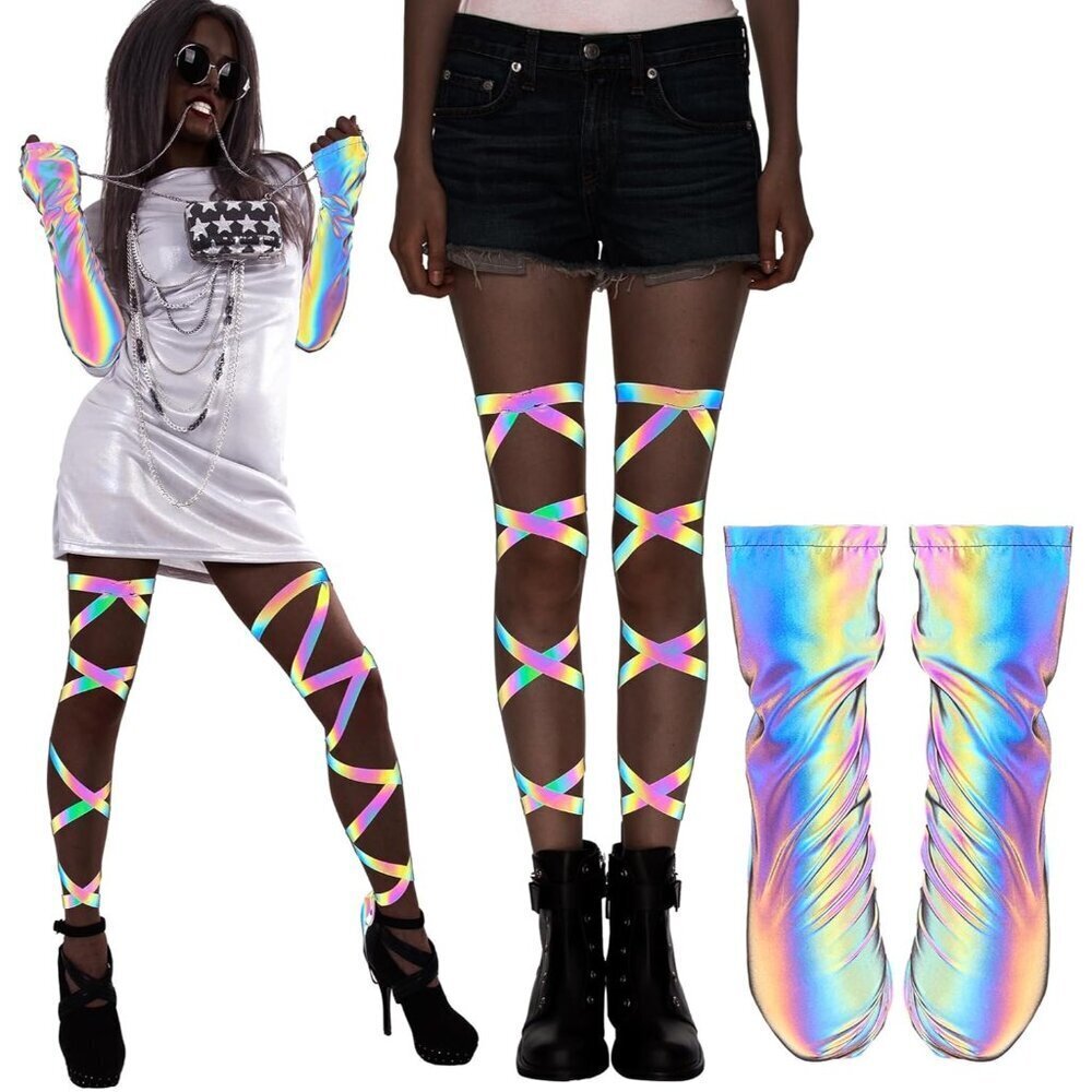 Reflective Rave Arm Warmers and Leg Wraps Set Holographic Light-Reflecting Acces